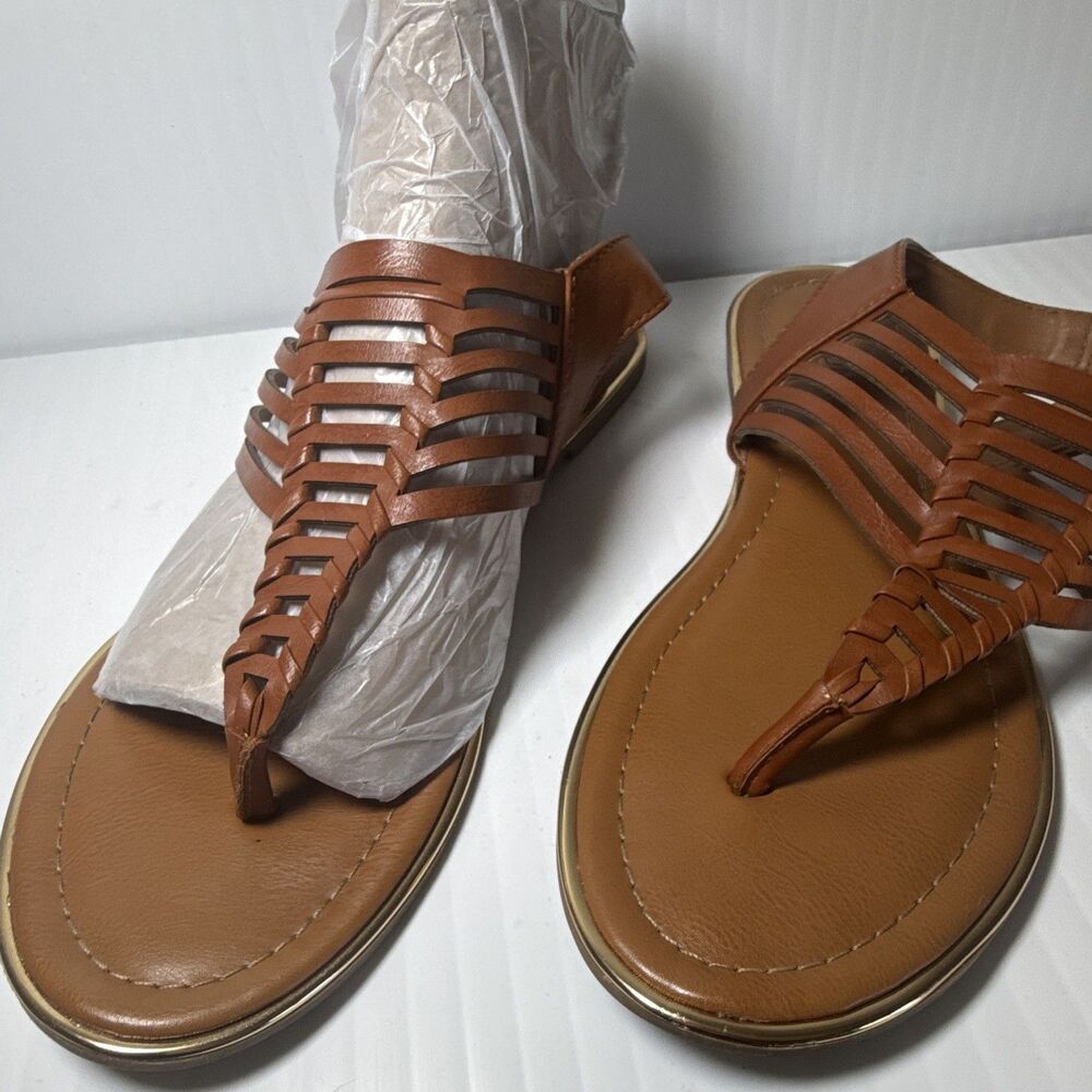 Arizona Jean Co Brown Leather Strappy Thong Flat Sandals Buckle Ankle Strap 8M